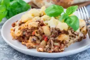 Beef bacon and baked pasta