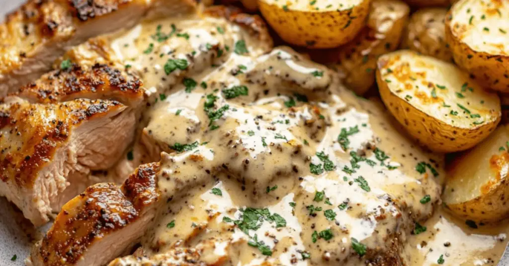 Steak with Parmesan Cream Sauce and Cheesy Roasted Potatoes