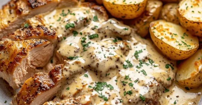 Steak with Parmesan Cream Sauce and Cheesy Roasted Potatoes